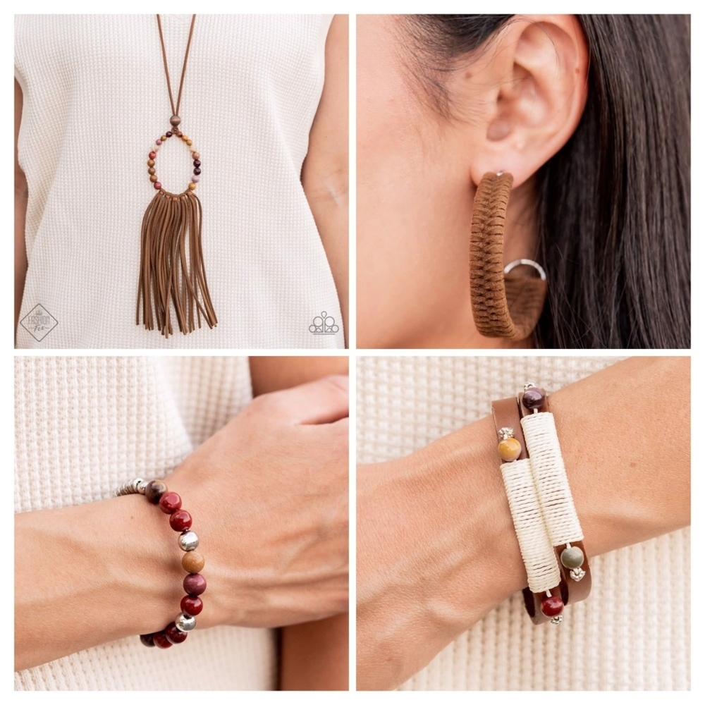 Paparazzi Jewelry Four Piece Suede Brown Multi Necklace Earrings 2 Bracelets